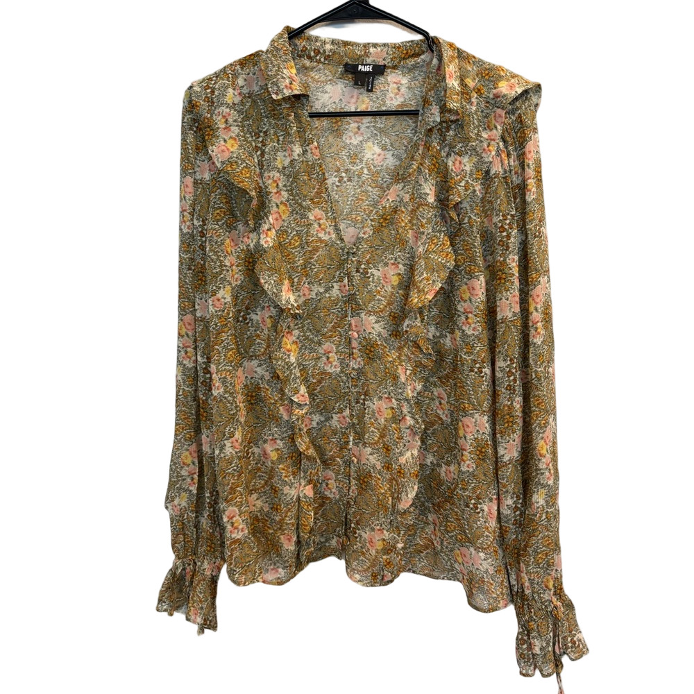 PAIGE Floral Ruffle Blouse Top Long Sleeve Sheer Boho Size L